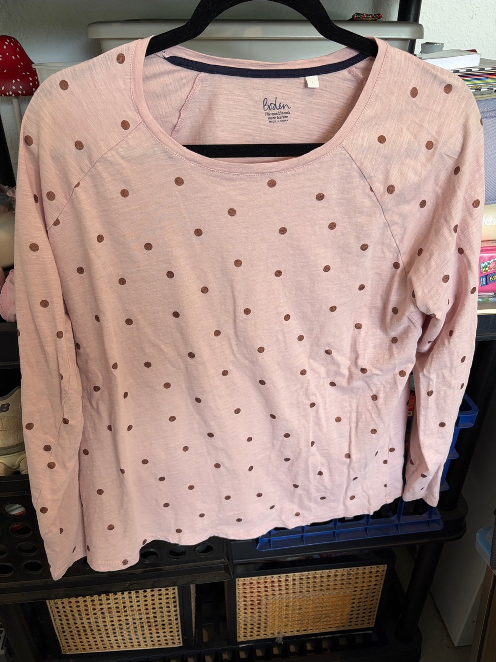 Boden Light Pink Long Sleeve Tee with Brown Polka Dots